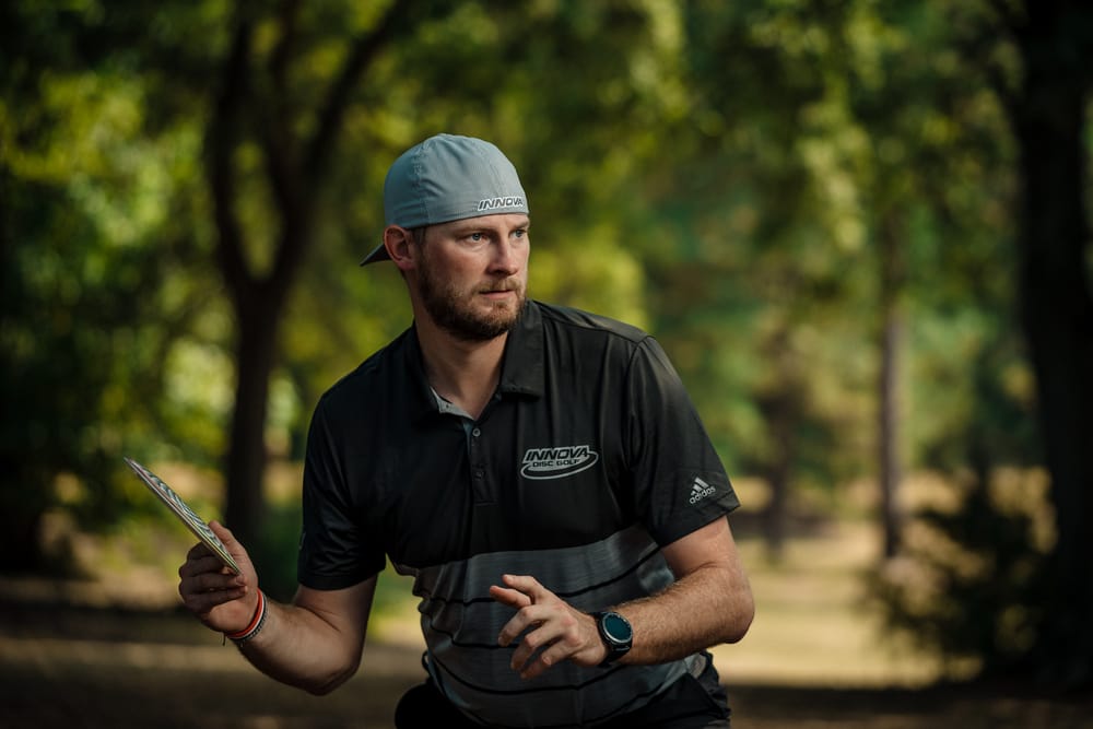 Innova Team member Jeremy Koling lining up a forehand shot.