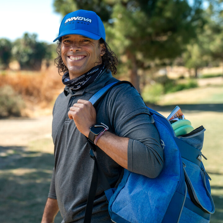 Disc golfer enjoying himself during a casual round. 